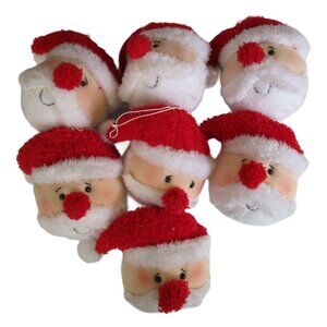 Plush Santa Claus Head Christmas Ornaments Seven Fuzzy Red Hats & Beards GUC